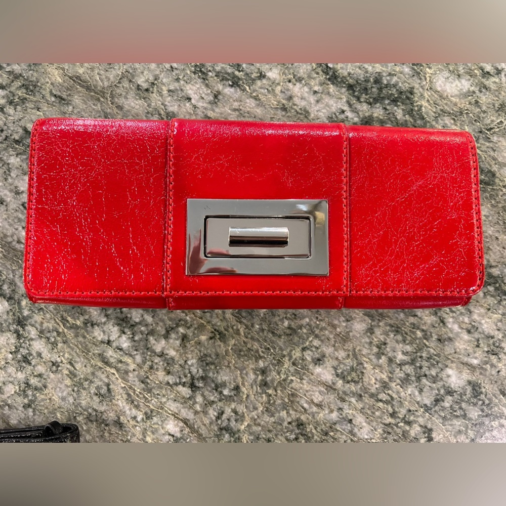 Banana republic red leather clutch with silver hardware